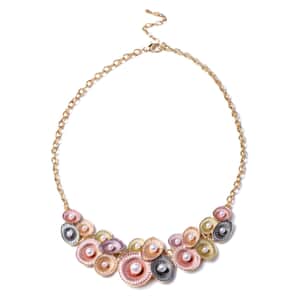 Simulated Pearl and Enameled Oyster Cluster Necklace 20-22 Inches in Goldtone