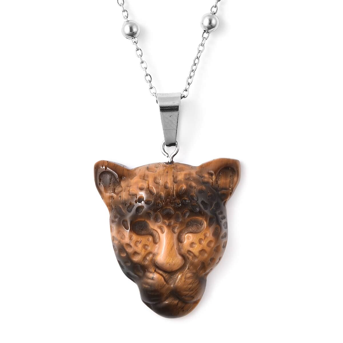 20.45 ctw South African Yellow Tiger Eye Leopard Head Pendant With Necklace 24 Inch in Stainless Steel image number 0