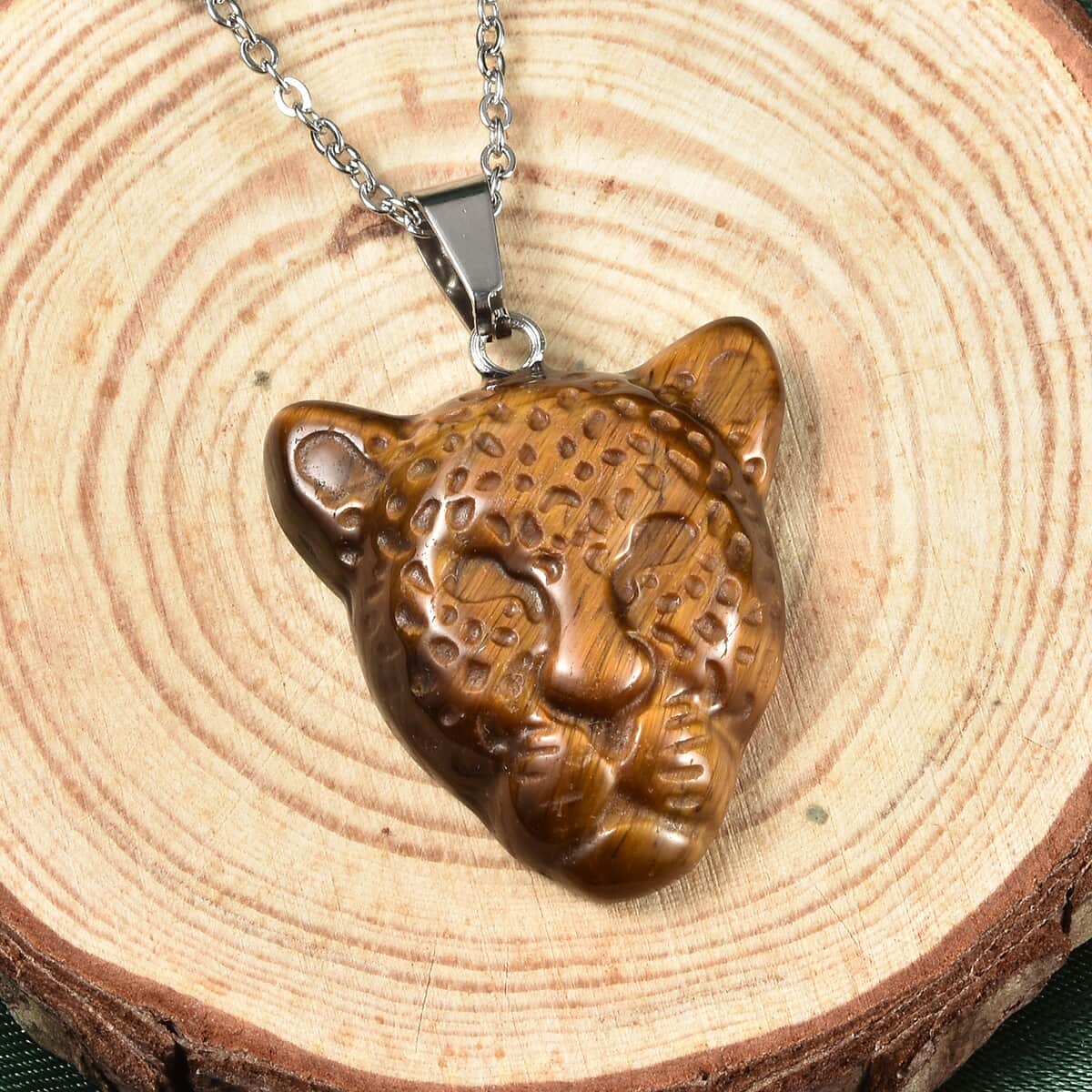 South African Yellow Tiger's Eye Leopard Head Pendant With Necklace 24 Inches in Stainless Steel 20.45 ctw image number 1
