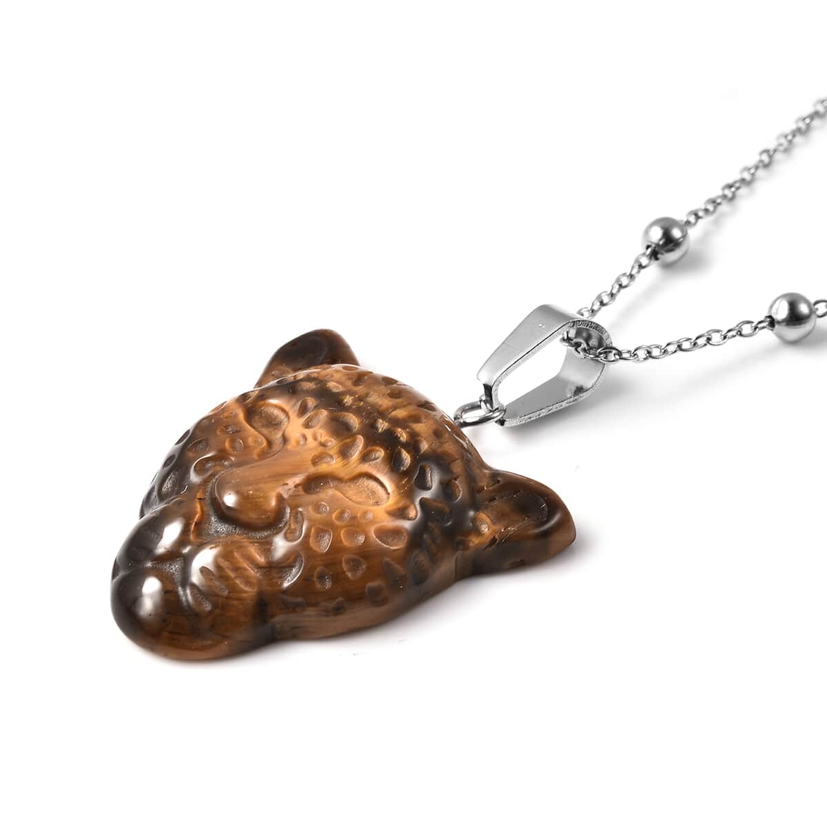 20.45 ctw South African Yellow Tiger Eye Leopard Head Pendant With Necklace 24 Inch in Stainless Steel image number 2