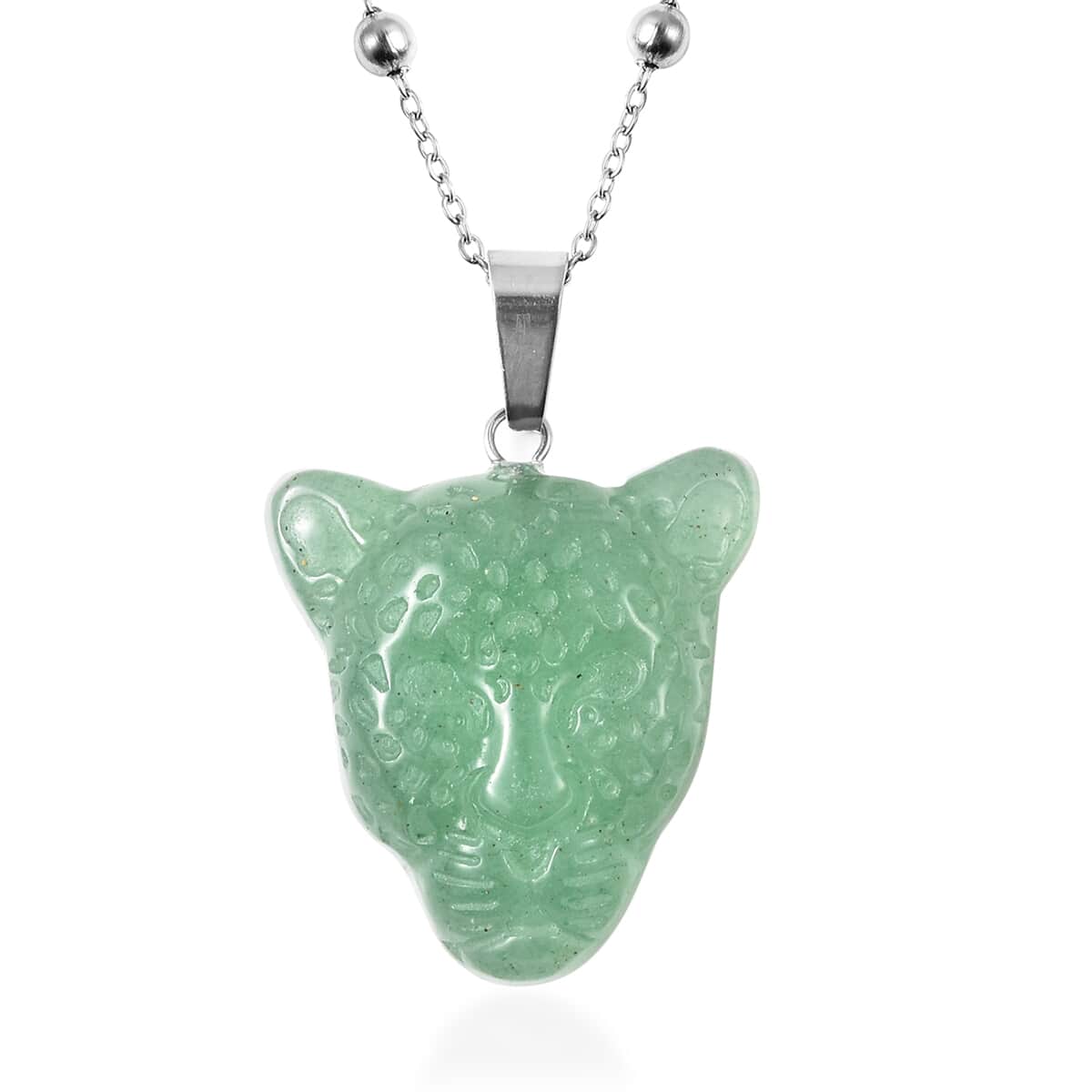 Green Aventurine Leopard Head Pendant With Necklace 24 Inches in Stainless Steel 24.70 ctw image number 0