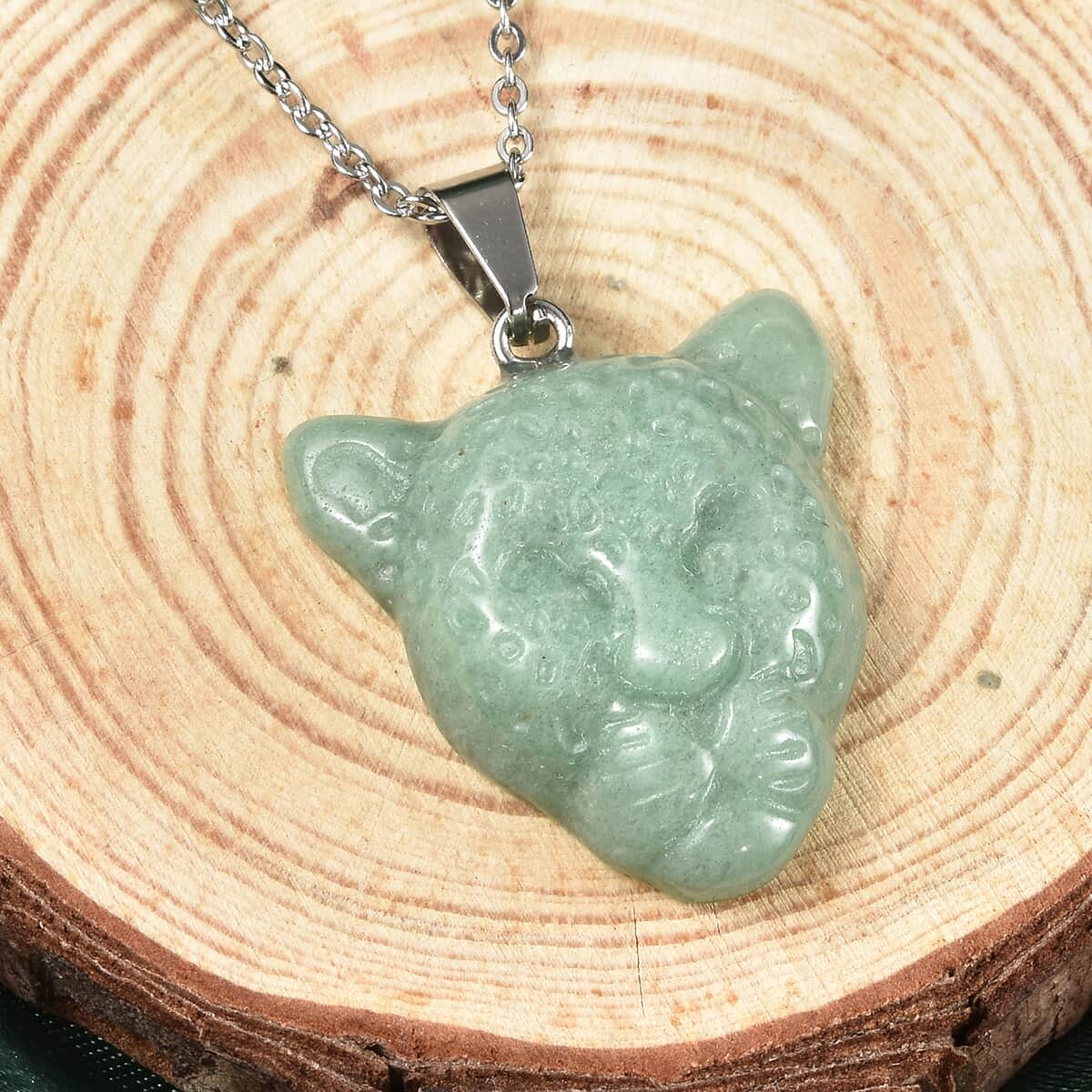 Green Aventurine Leopard Head Pendant With Necklace 24 Inches in Stainless Steel 24.70 ctw image number 1