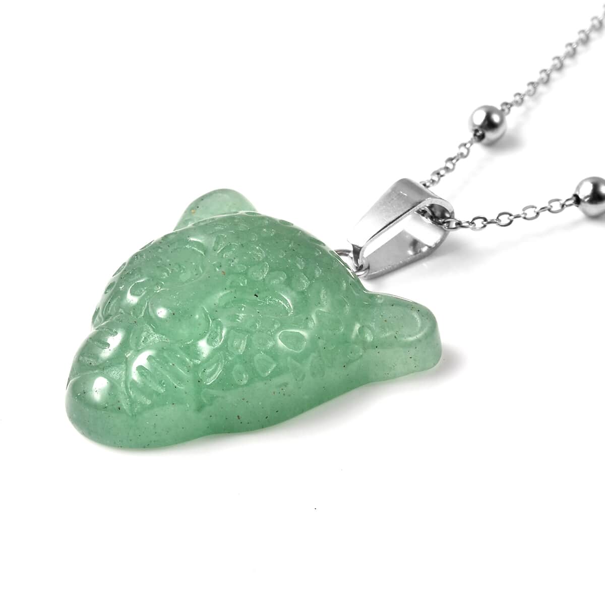 Green Aventurine Leopard Head Pendant With Necklace 24 Inches in Stainless Steel 24.70 ctw image number 2