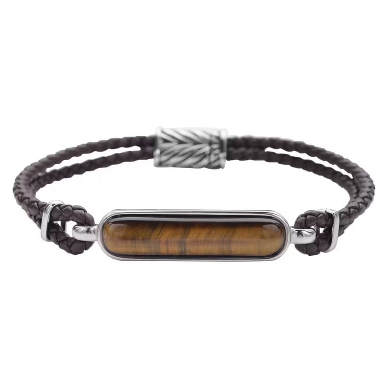Yellow Tiger's Eye Genuine Leather Men's Bracelet in with Magnetic Lock Black Oxidized Stainless Steel (8.00 In) 19.15 ctw
