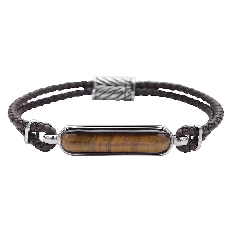 Yellow Tiger's Eye Genuine Leather Men's Bracelet in with Magnetic Lock Black Oxidized Stainless Steel (8.00 In) 19.15 ctw
