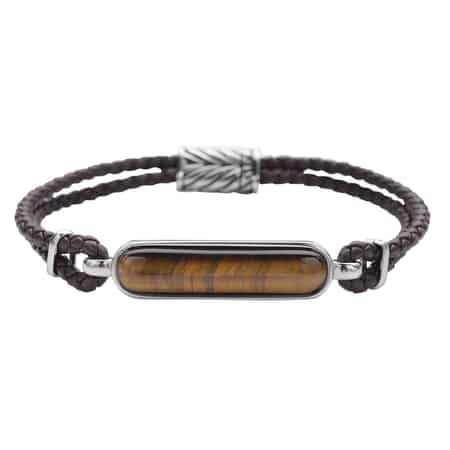 South African Yellow Tiger's Eye Genuine Leather Men's Bracelet with Magnetic Lock in Black Oxidized Stainless Steel (8.00 In) 19.15 ctw image number 0