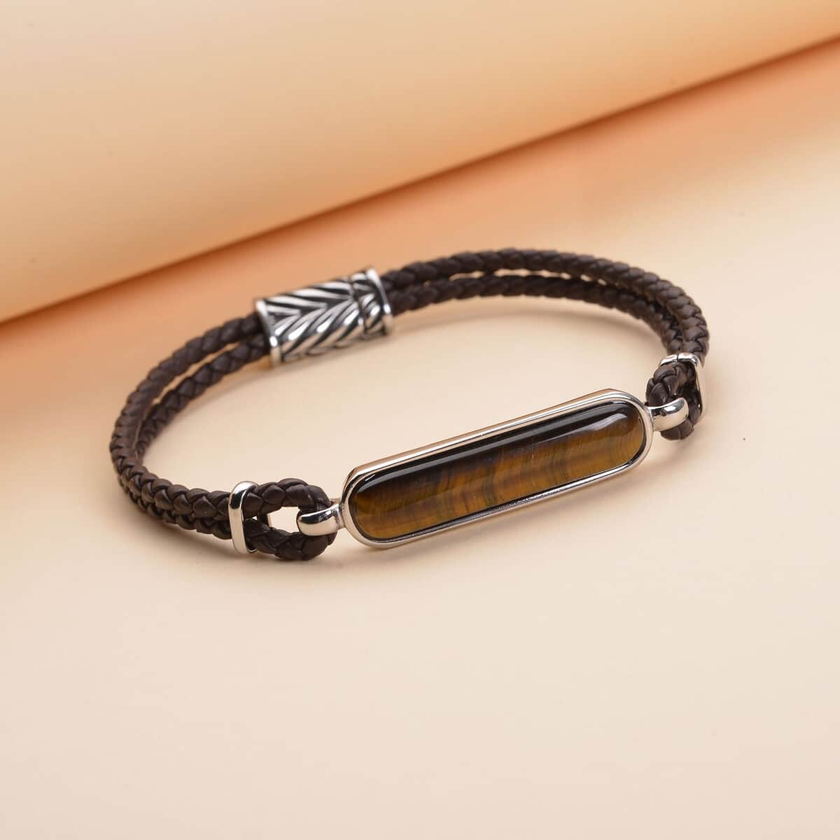 South African Yellow Tiger's Eye Genuine Leather Men's Bracelet with Magnetic Lock in Black Oxidized Stainless Steel (8.00 In) 19.15 ctw image number 1