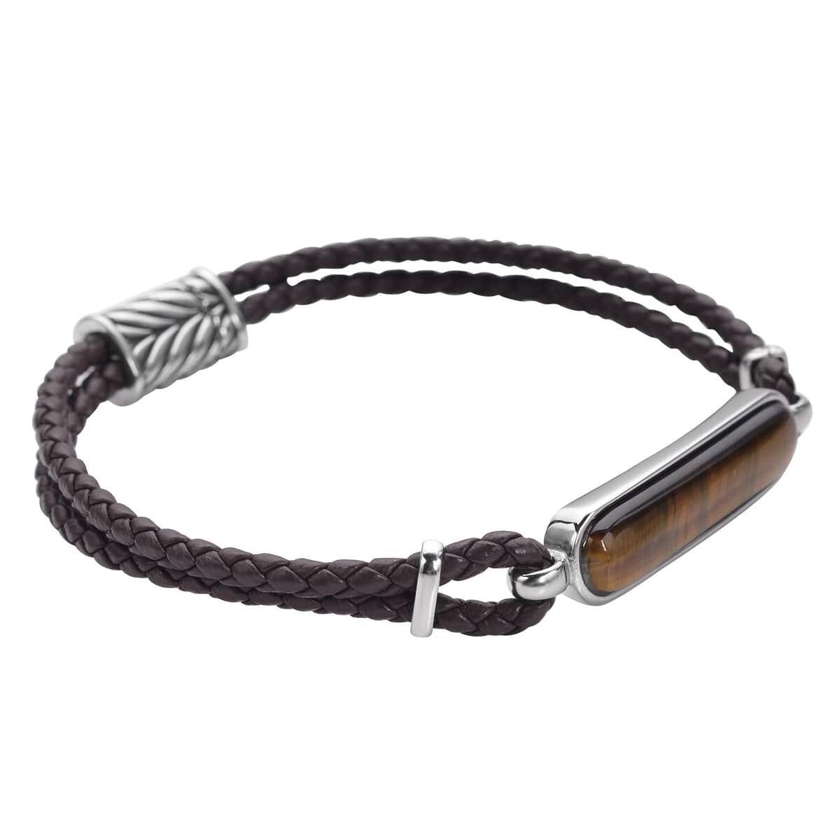 South African Yellow Tiger's Eye Genuine Leather Men's Bracelet with Magnetic Lock in Black Oxidized Stainless Steel (8.00 In) 19.15 ctw image number 2