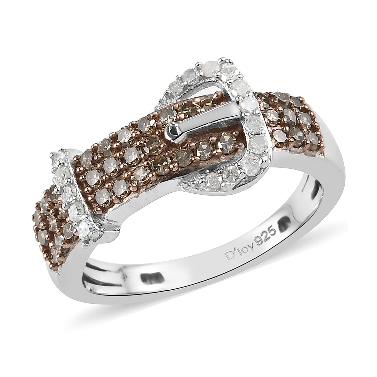 Natural Champagne and White Diamond Buckle Ring in Rhodium and Platinum Over Sterling Silver (Size 10.0) 0.50 ctw