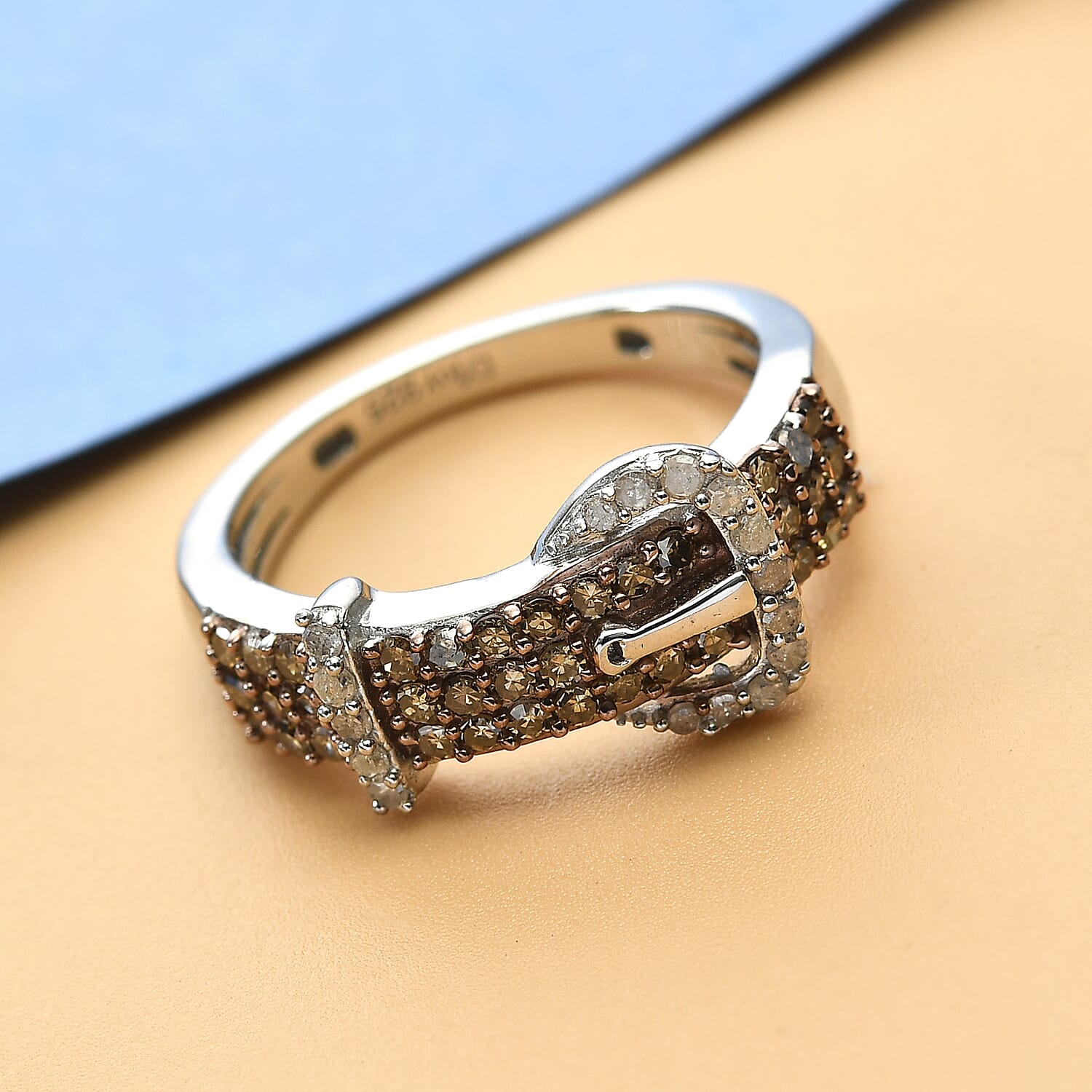 Natural Champagne and White Diamond Buckle Ring in Rhodium and Platinum Over Sterling Silver (Size 10.0) 0.50 ctw