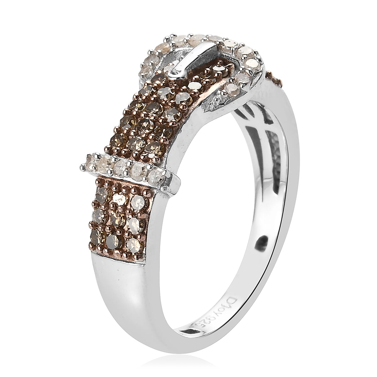 Natural Champagne and White Diamond Buckle Ring in Rhodium and Platinum Over Sterling Silver (Size 10.0) 0.50 ctw