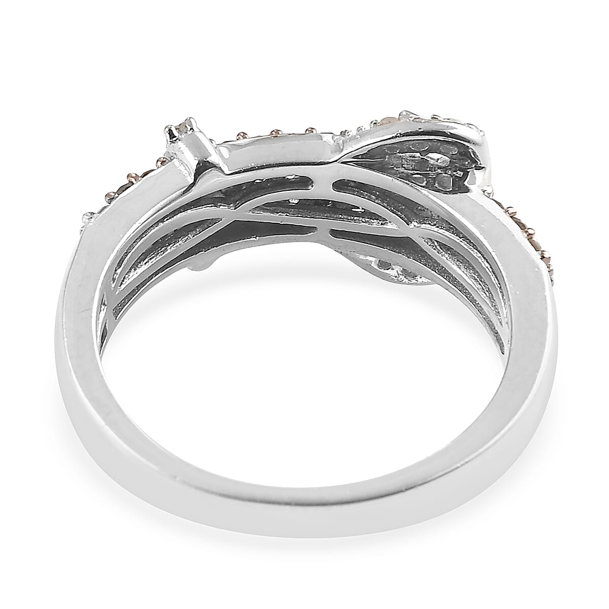 Natural Champagne and White Diamond Buckle Ring in Rhodium and Platinum Over Sterling Silver (Size 10.0) 0.50 ctw