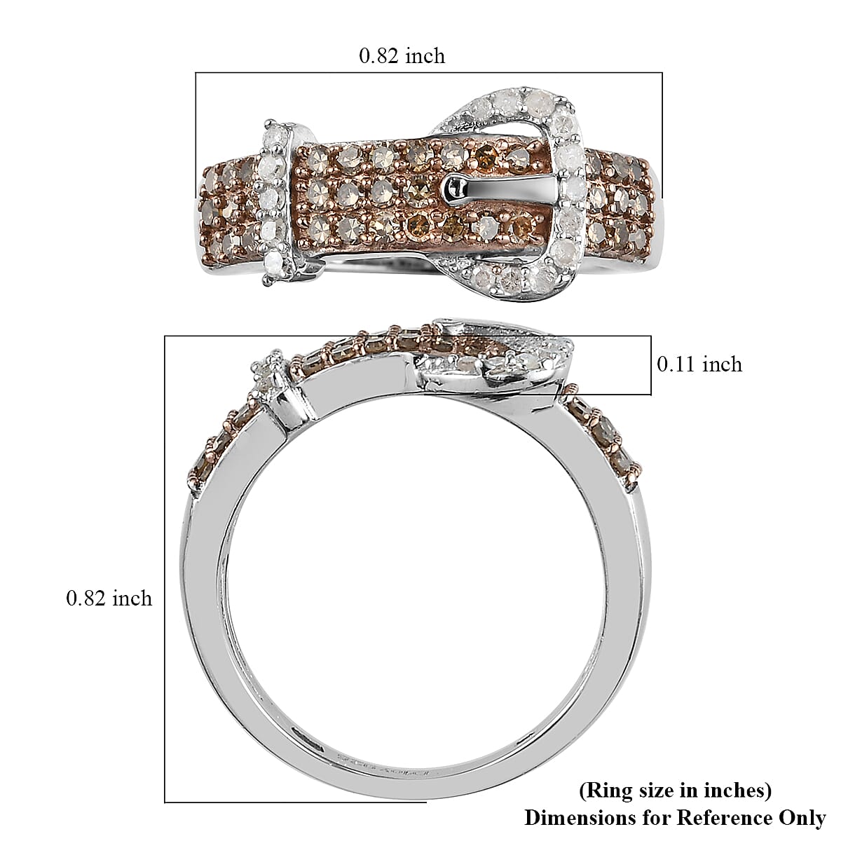Natural Champagne and White Diamond Buckle Ring in Rhodium and Platinum Over Sterling Silver (Size 10.0) 0.50 ctw