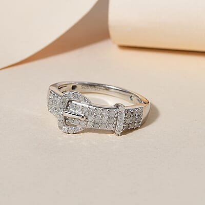 Diamond Buckle Ring in Rhodium & Platinum Over Sterling Silver (Size 6.0) 0.50 ctw