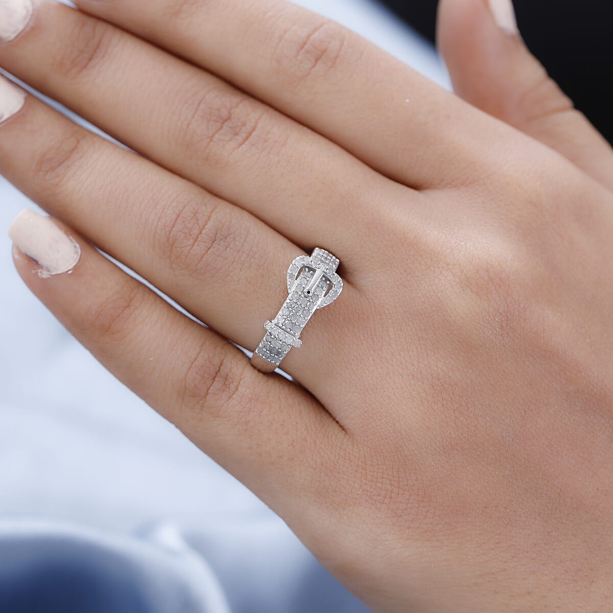 Diamond Buckle Ring in Rhodium & Platinum Over Sterling Silver (Size 8.0) 0.50 ctw image number 2