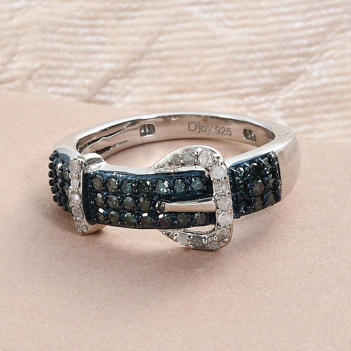 Blue Diamond and Diamond Buckle Ring in Rhodium and Platinum Over Sterling Silver (Size 9.0) 0.50 ctw image number 1