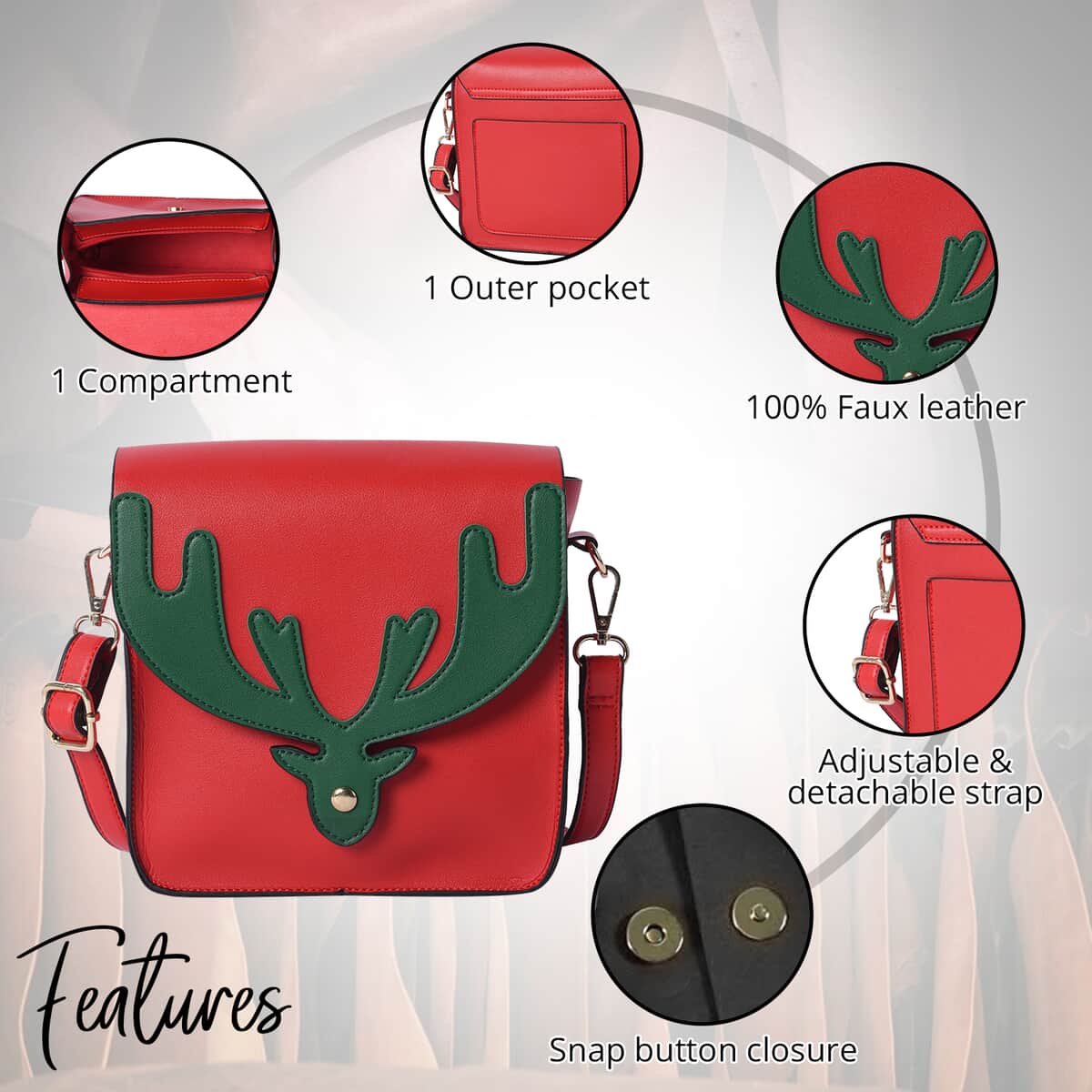 Red and Green Reindeer Antler Crossbody Bag with Detachable Shoulder Strap, Faux Leather Crossbody Bag for Women, Handbag, Perfect Pick for Christmas Party image number 2