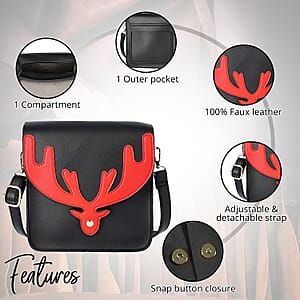 Black and Red Reindeer Antler Crossbody Bag with Detachable Shoulder Strap, Faux Leather Crossbody Bag for Women, Handbag, Perfect Pick for Christmas Party