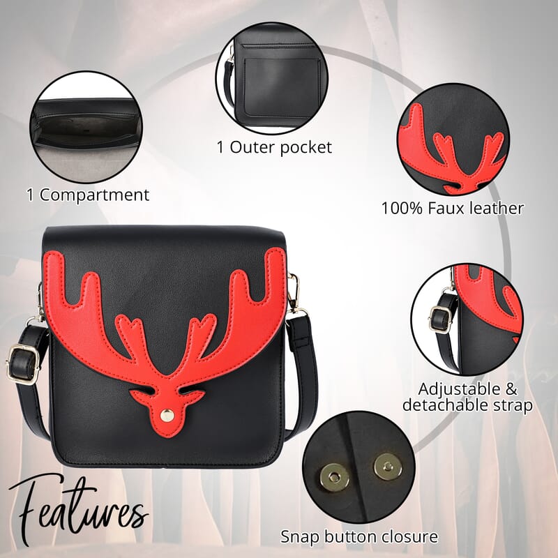 Black and Red Reindeer Antler Crossbody Bag with Detachable Shoulder Strap, Faux Leather Crossbody Bag for Women, Handbag, Perfect Pick for Christmas Party