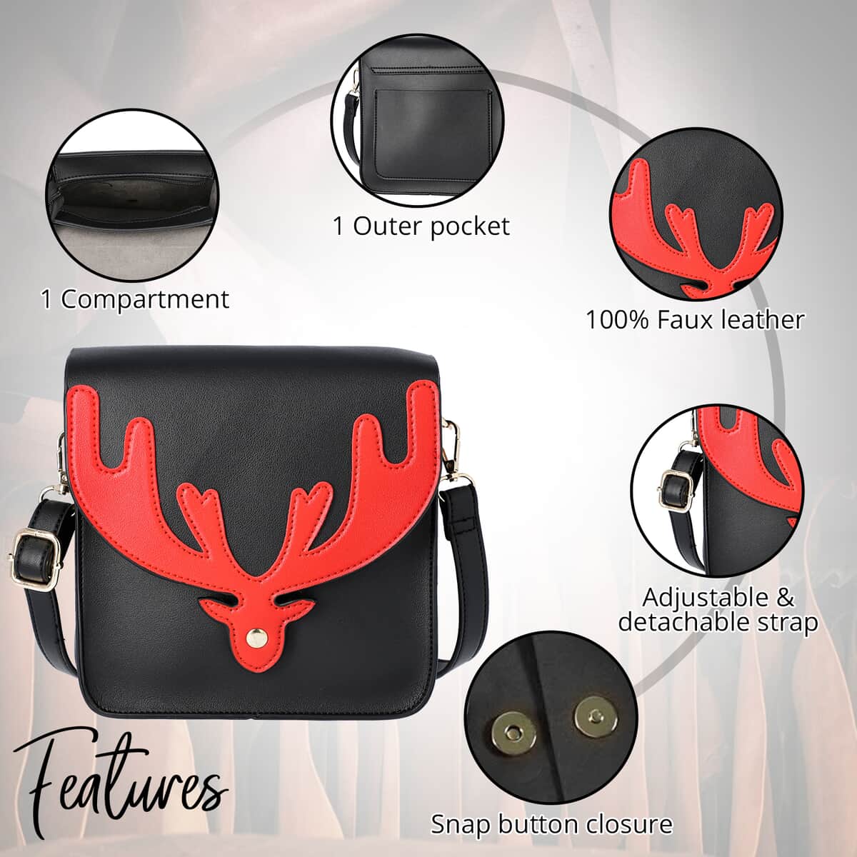 Black and Red Reindeer Antler Crossbody Bag with Detachable Shoulder Strap, Faux Leather Crossbody Bag for Women, Handbag, Perfect Pick for Christmas Party image number 2