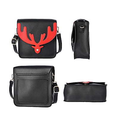 Black and Red Reindeer Antler Crossbody Bag with Detachable Shoulder Strap, Faux Leather Crossbody Bag for Women, Handbag, Perfect Pick for Christmas Party
