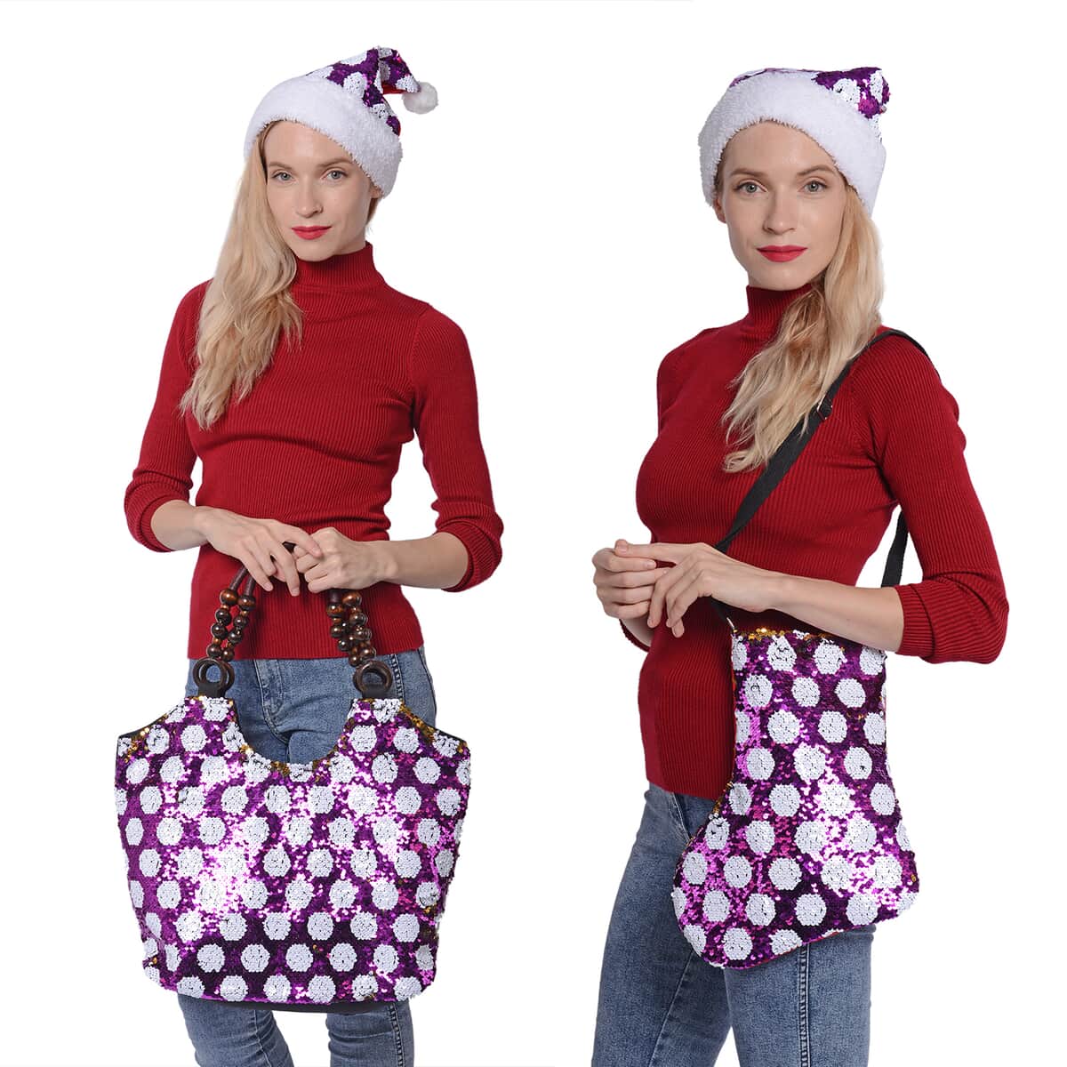 Purple, White Dot Pattern Polyester Tote Bag , Crossbody Bag and Hat image number 0