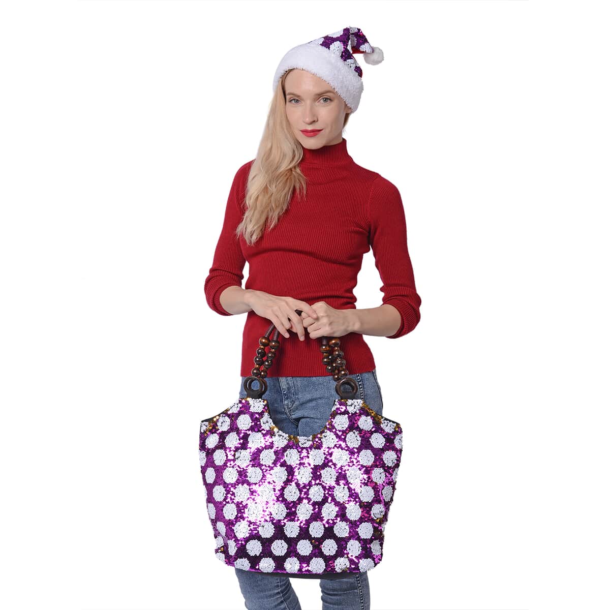 Purple, White Dot Pattern Polyester Tote Bag , Crossbody Bag and Hat image number 1