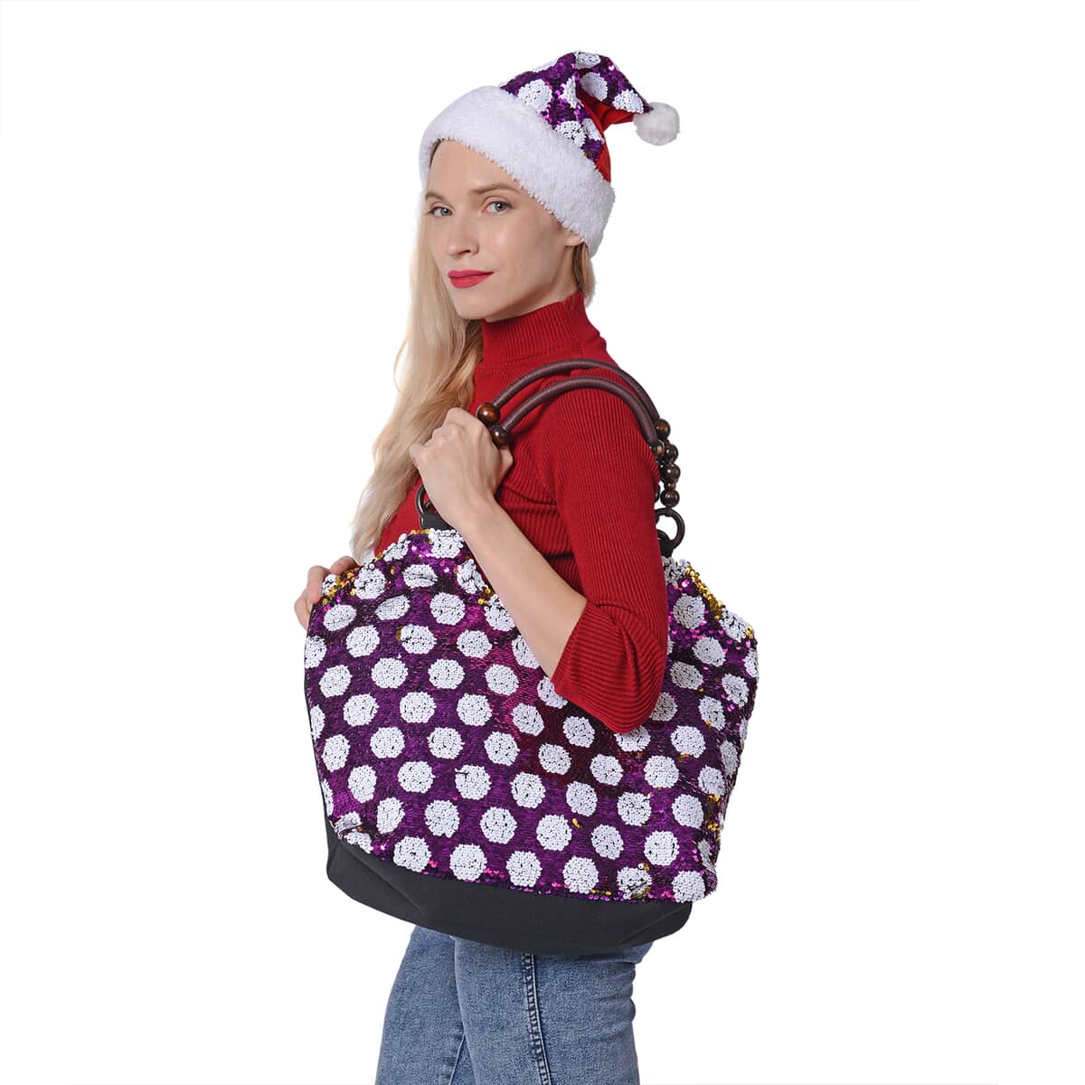 Purple, White Dot Pattern Polyester Tote Bag , Crossbody Bag and Hat image number 2