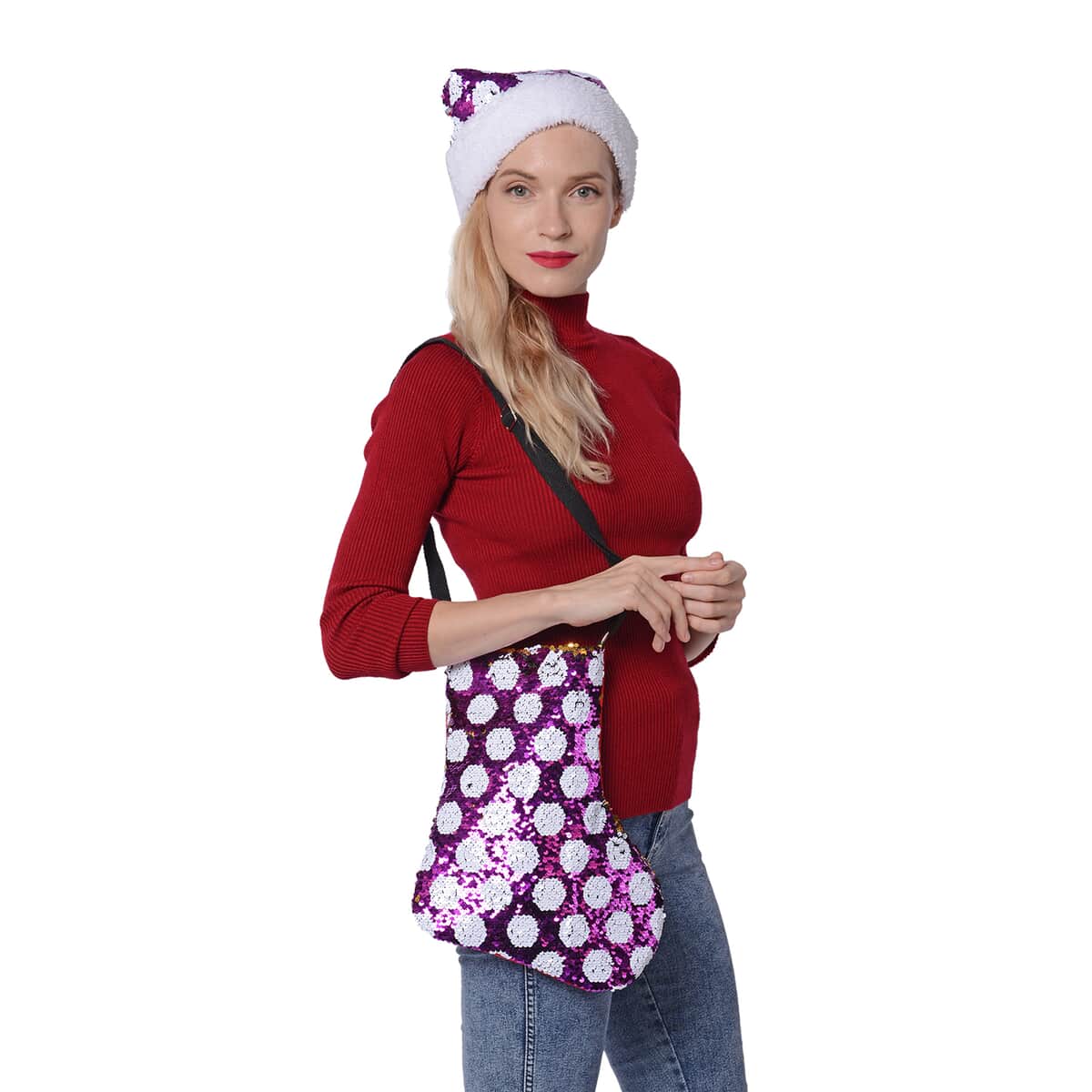 Purple, White Dot Pattern Polyester Tote Bag , Crossbody Bag and Hat image number 3