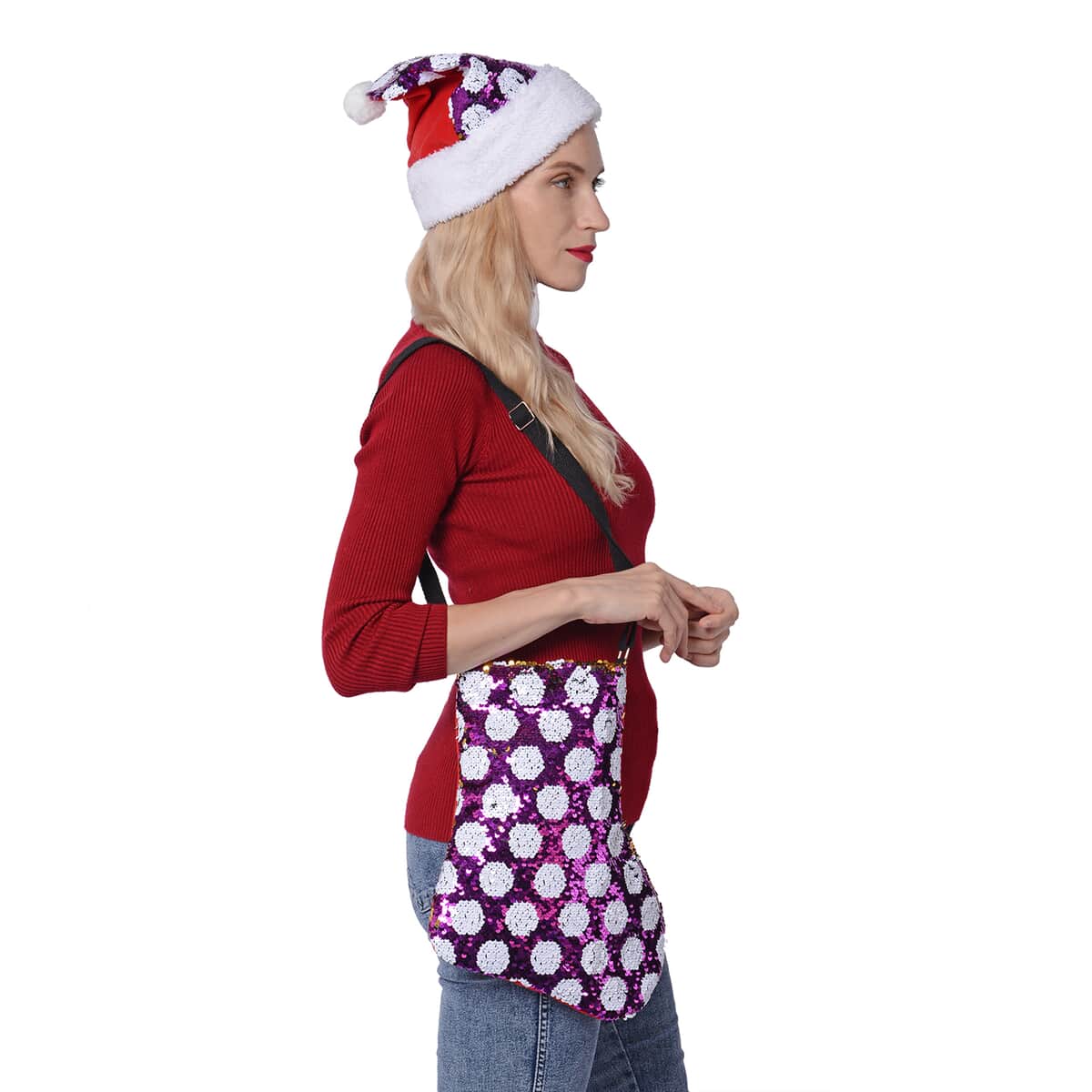 Purple, White Dot Pattern Polyester Tote Bag , Crossbody Bag and Hat image number 4