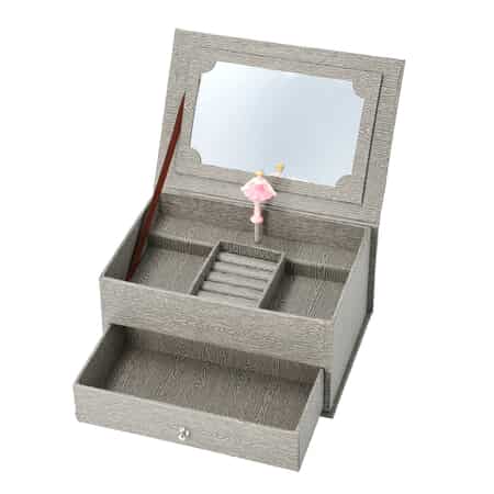 Wooden Texture 2 Tier Music Jewelry Box with Top Mirror image number 4