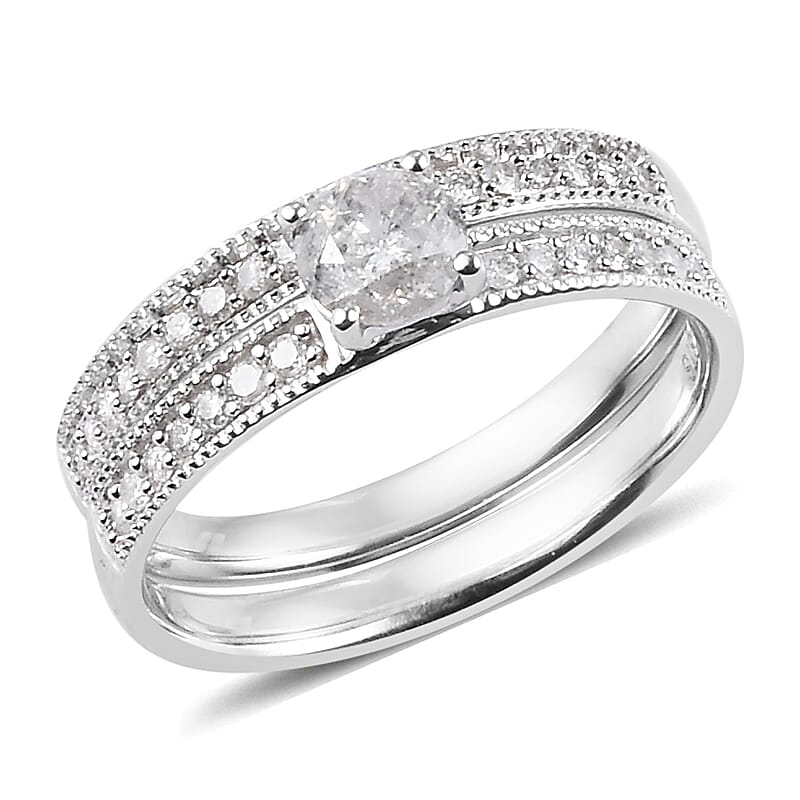 10K White Gold G-H I3 Diamond Set of 2 Ring (Size 7) 0.75 ctw