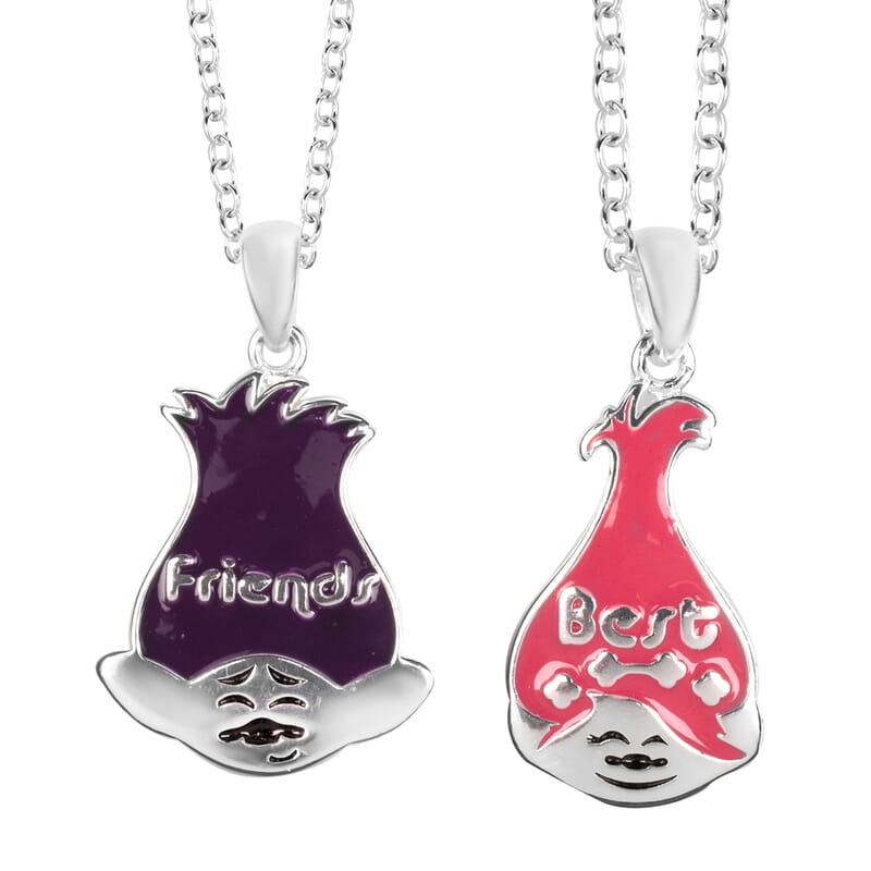 Set of 2 Dream Works Trolls 'Hug Time' Pendant Necklace 18 Inches in Silvertone