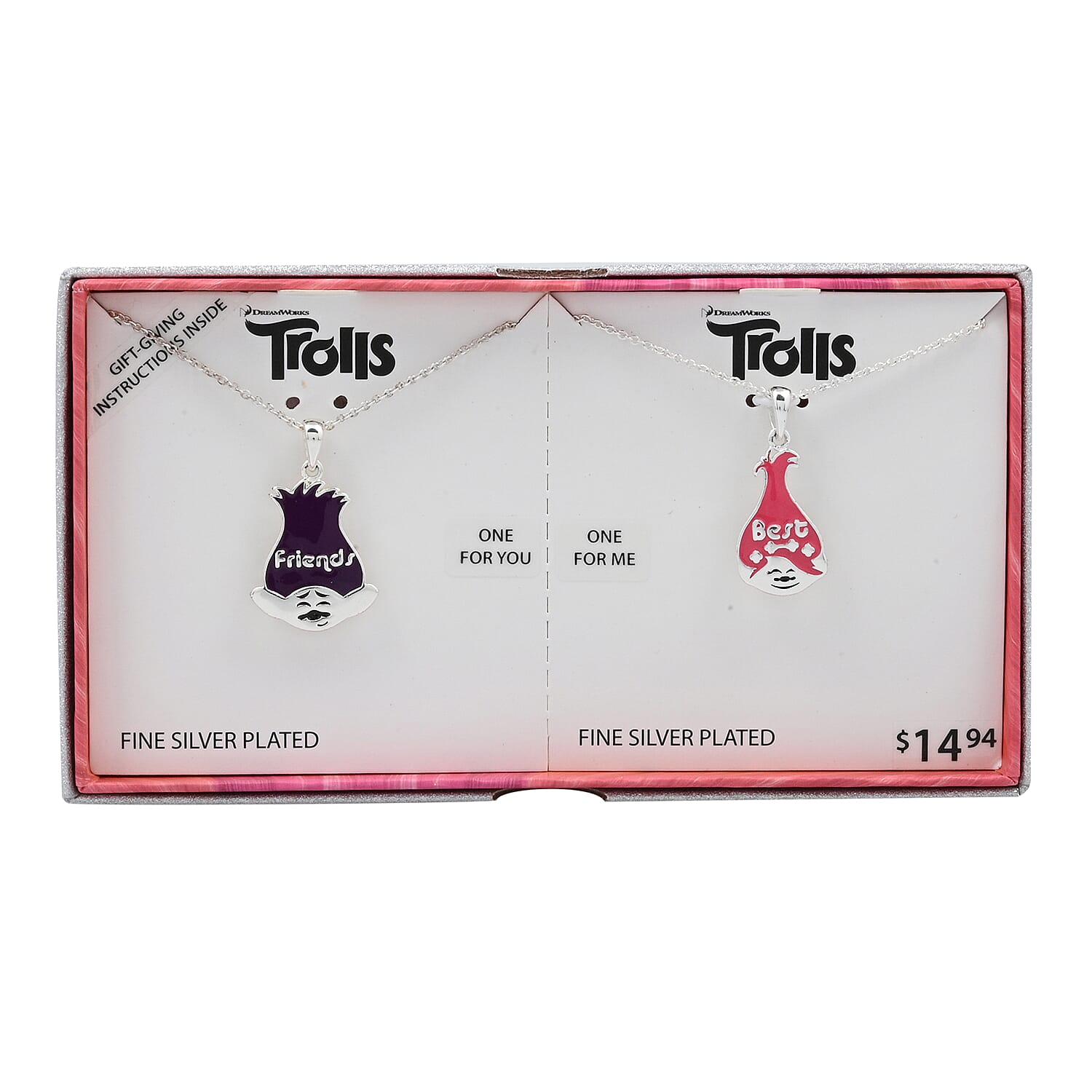 Set of 2 Dream Works Trolls 'Hug Time' Pendant Necklace 18 Inches in Silvertone