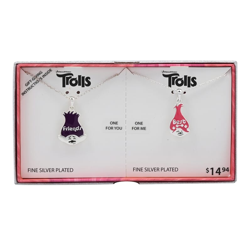Set of 2 Dream Works Trolls 'Hug Time' Pendant Necklace 18 Inches in Silvertone