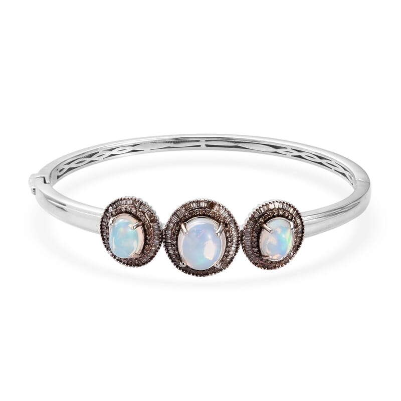 Ethiopian Welo Opal and Natural Champagne Diamond Bangle Bracelet in Platinum Over Sterling Silver (7.25 in) 6.35 ctw