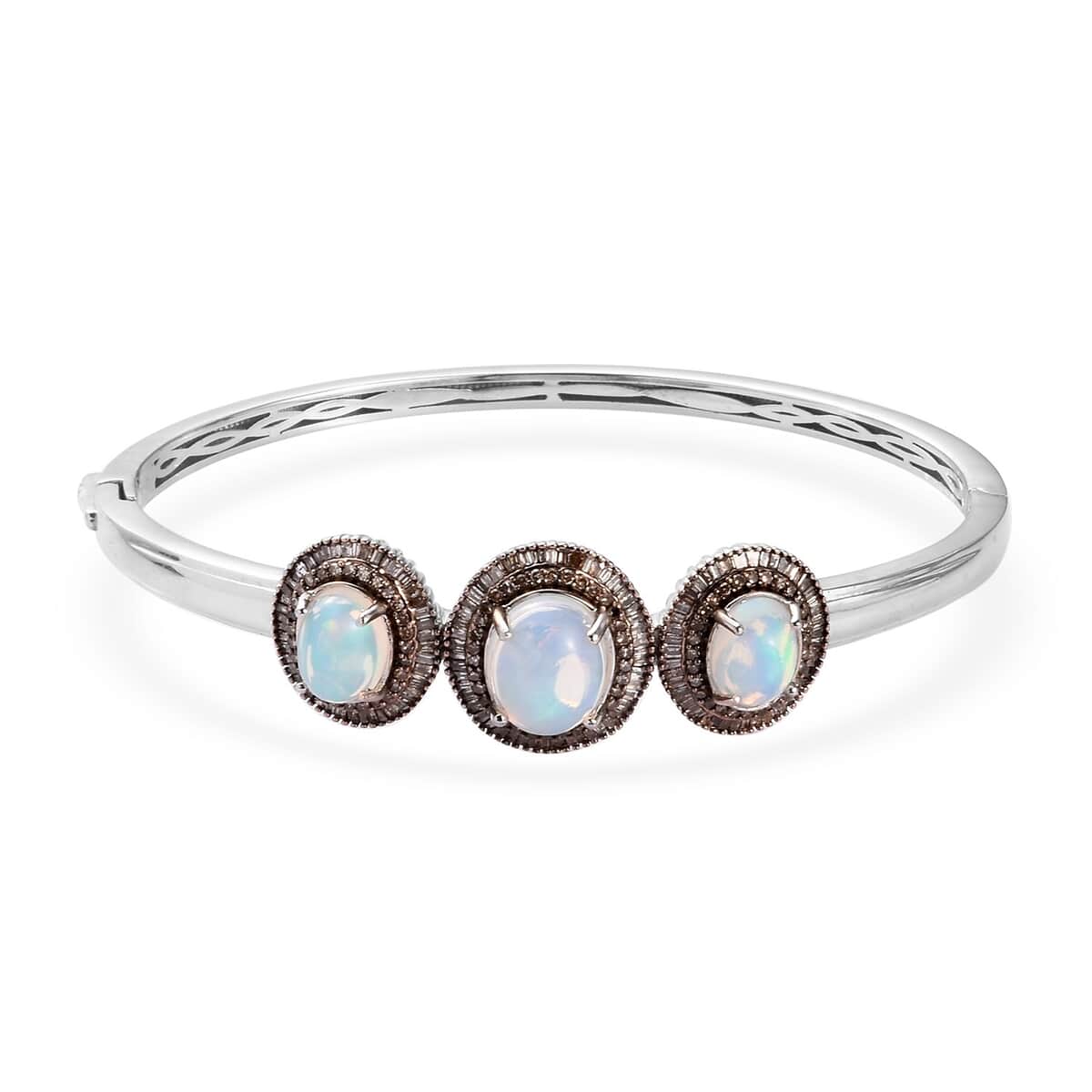 Ethiopian Welo Opal and Natural Champagne Diamond Bangle Bracelet in Platinum Over Sterling Silver (7.25 in) 6.35 ctw image number 0