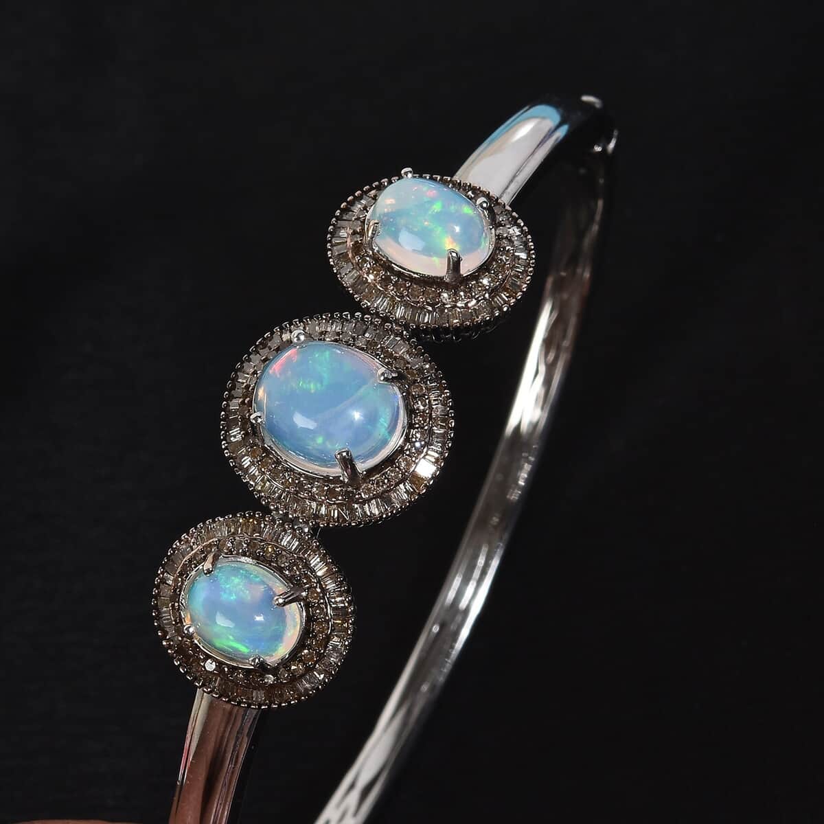 Ethiopian Welo Opal and Natural Champagne Diamond Bangle Bracelet in Platinum Over Sterling Silver (7.25 in) 6.35 ctw image number 1