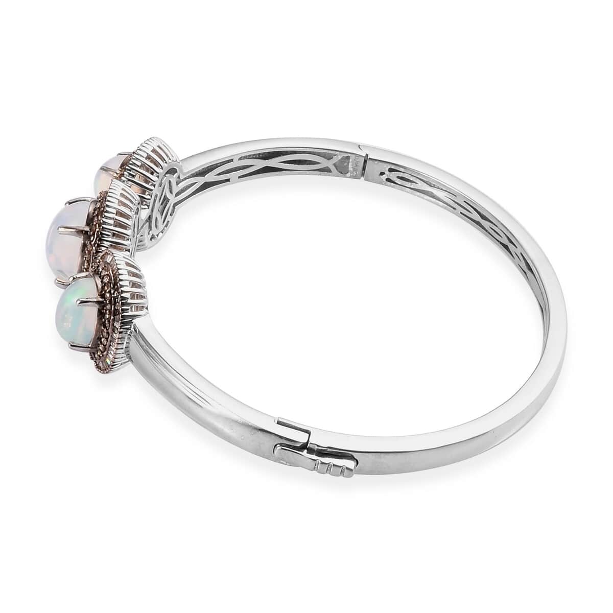 Ethiopian Welo Opal and Natural Champagne Diamond Bangle Bracelet in Platinum Over Sterling Silver (7.25 in) 6.35 ctw image number 3