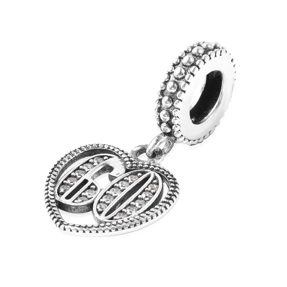 60th Birthday Heart Simulated Diamond Charm in Sterling Silver image number 1