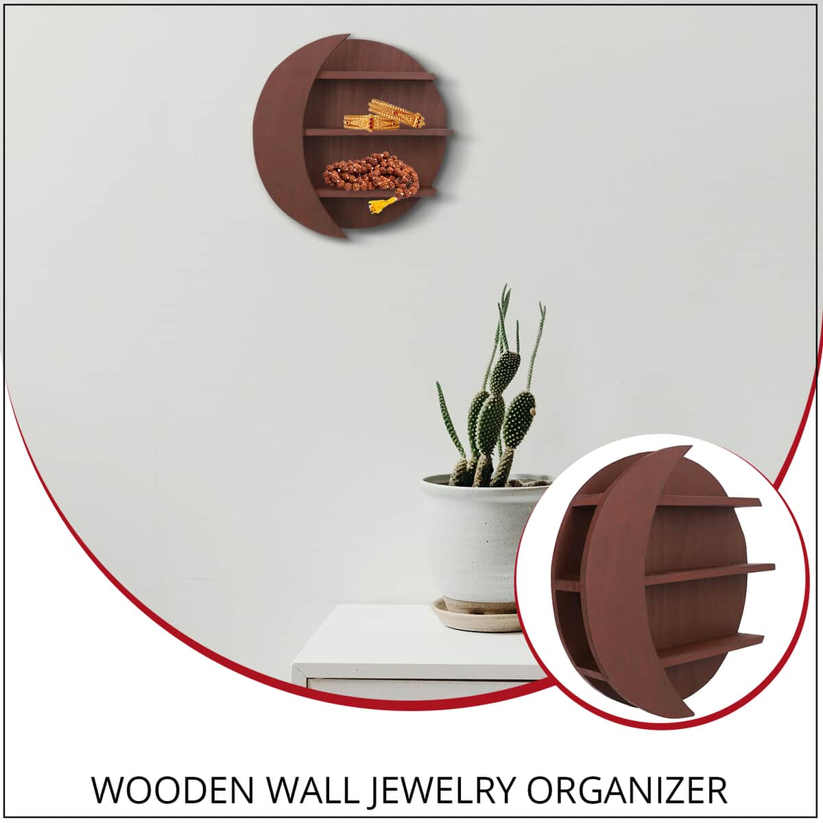 Walnut Color Sun & Moon Shape Wooden Wall Jewelry Organizer (2 lbs) image number 1
