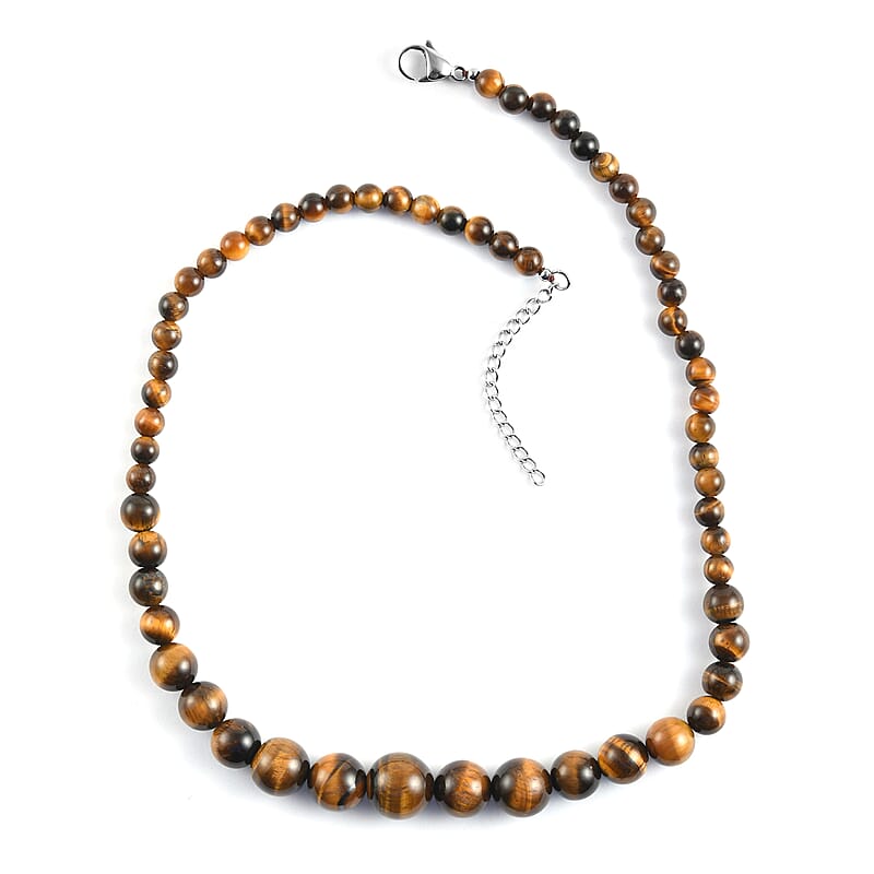 Yellow Tiger's Eye Beaded Necklace 18-20 Inches in Stainless Steel 211.40 ctw