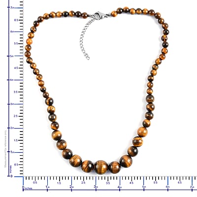 Yellow Tiger's Eye Beaded Necklace 18-20 Inches in Stainless Steel 211.40 ctw