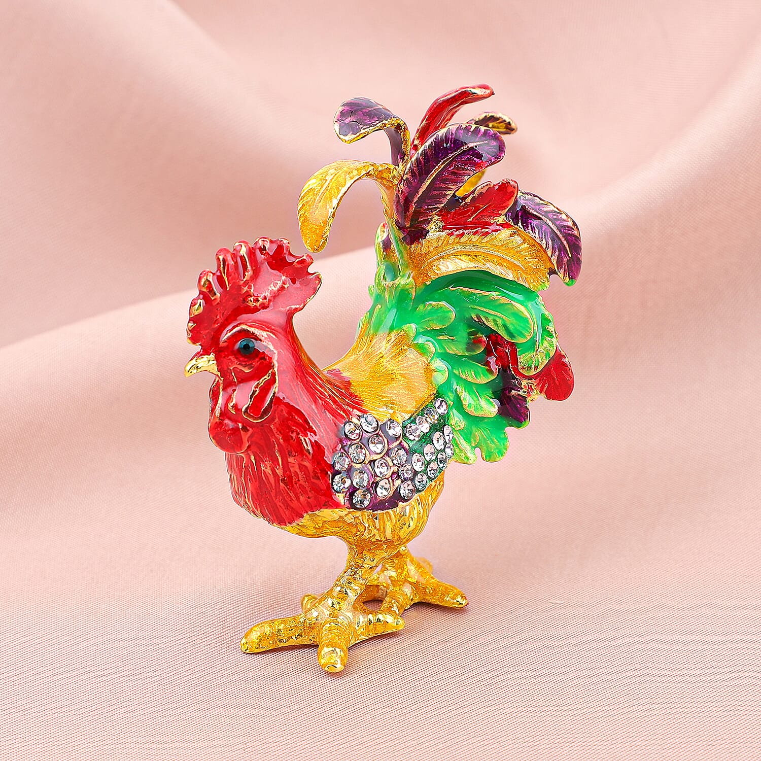 White and Black Austrian Crystal, Enameled Rooster Trinket Jewelry Box in Goldtone