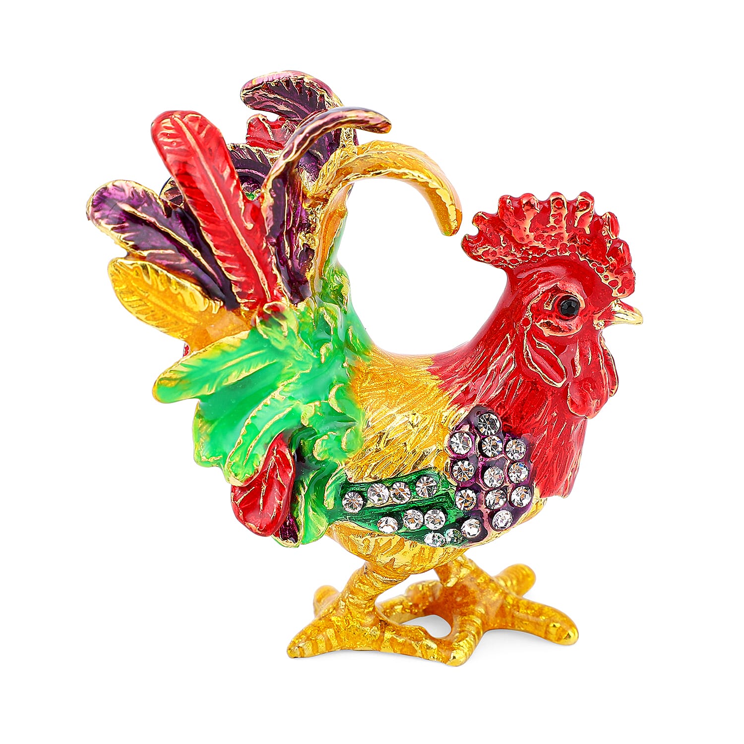 White and Black Austrian Crystal, Enameled Rooster Trinket Jewelry Box in Goldtone