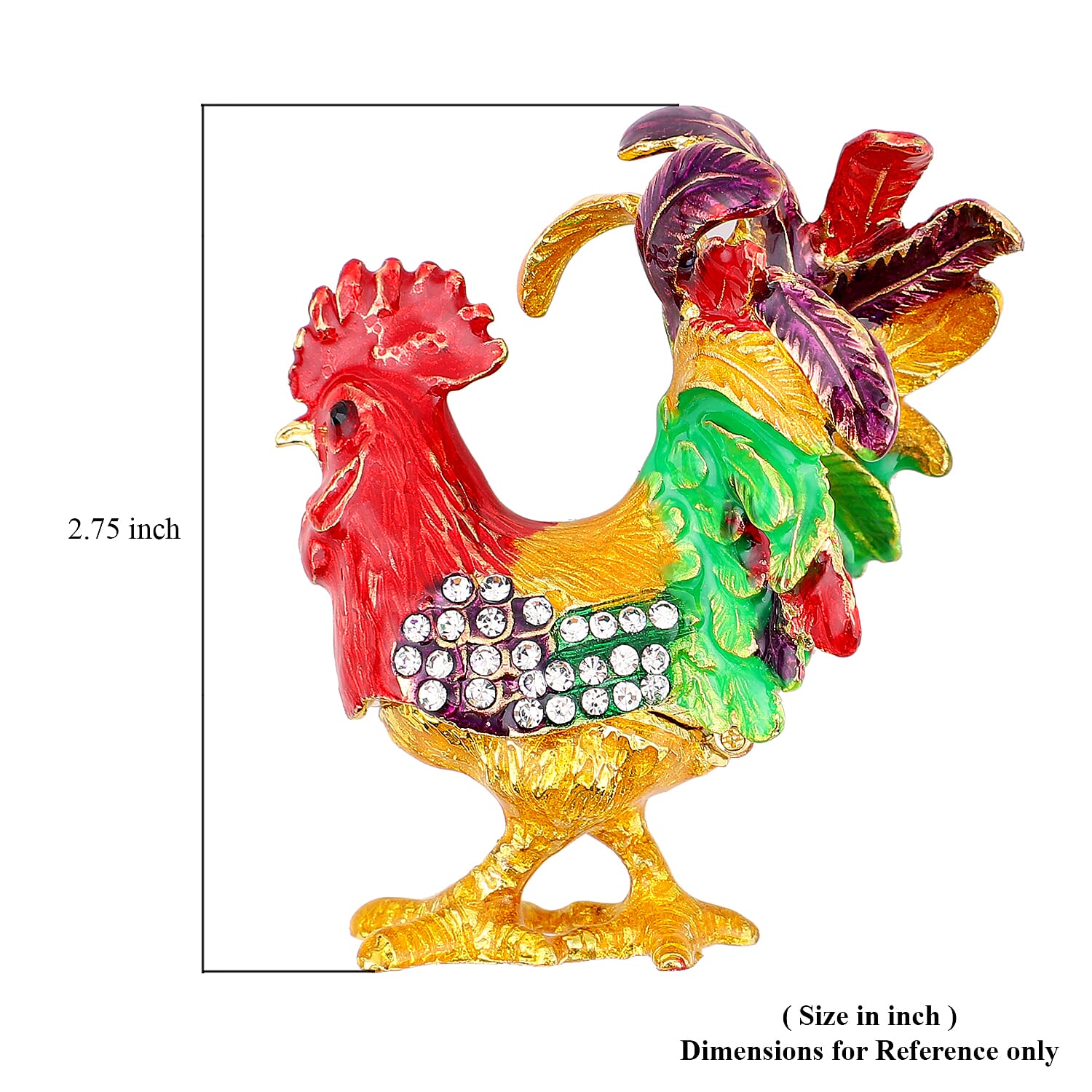 White and Black Austrian Crystal, Enameled Rooster Trinket Jewelry Box in Goldtone