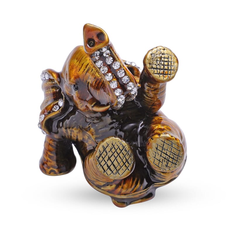 Livmore Black Austrian Crystal, Enameled Elephant Trinket Box in Silvertone