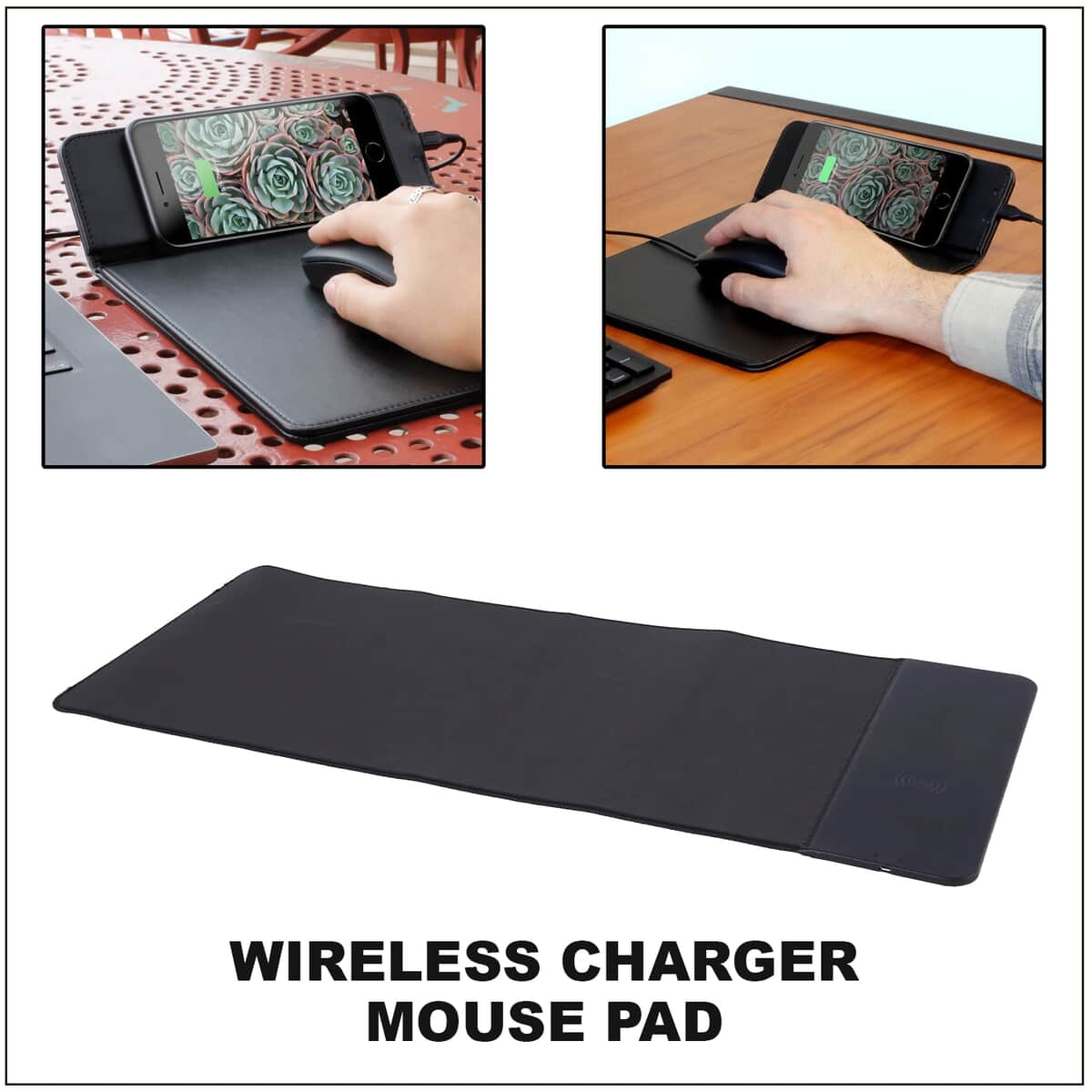 Black Faux Leather Wooden Grain, Fiber Wireless Charger Mouse Pad image number 1