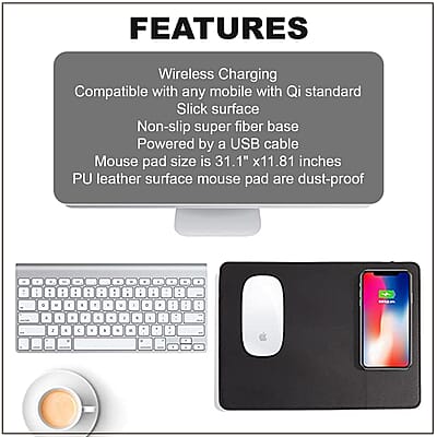 Black Faux Leather Wooden Grain, Fiber Wireless Charger Mouse Pad