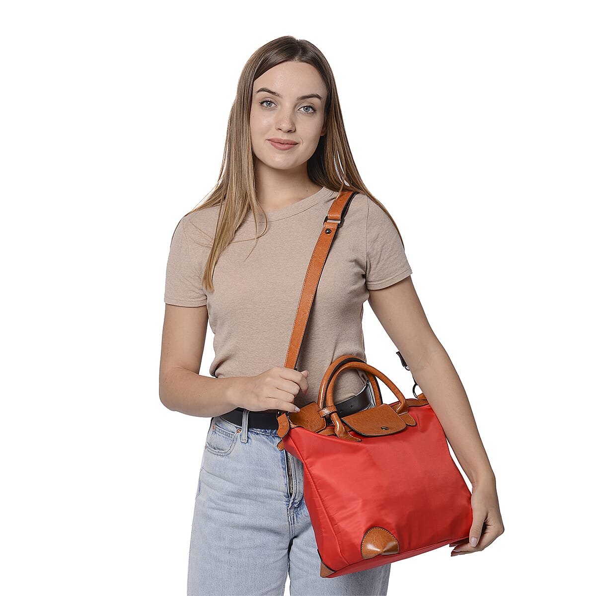Red Nylon and Brown Genuine Leather Tote Bag with Handle Drop image number 1